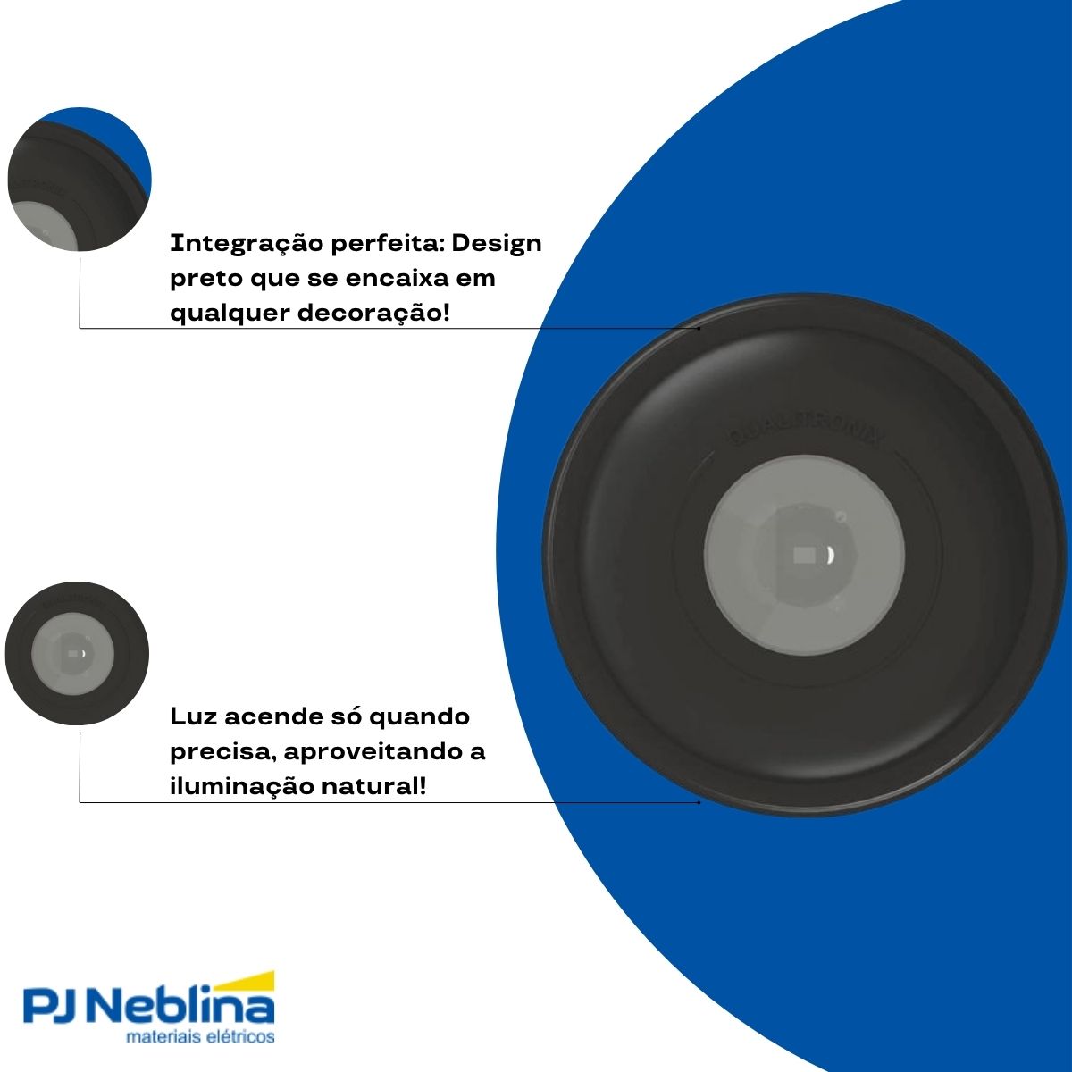 Sensor Presença C/Fotocélula Sobrepor/Embutir Teto Bivolt Alcance 12M Preto - Qualitronix