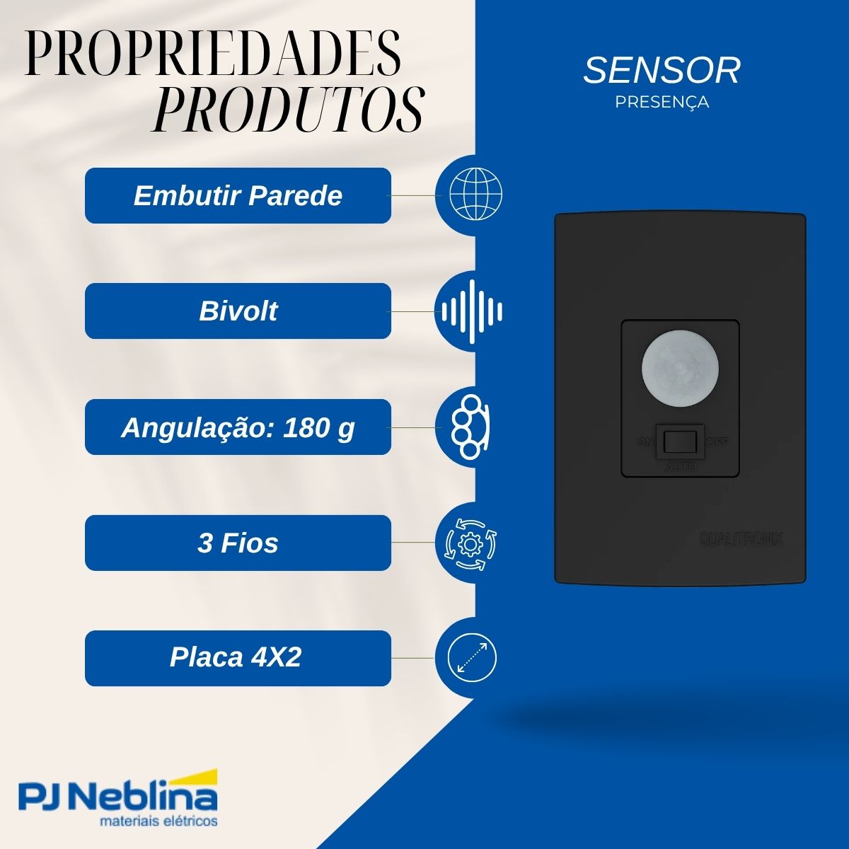 Sensor Presença C/Fotocélula Embutir Parede Bivolt Preto Placa 4X2 - Qualitronix