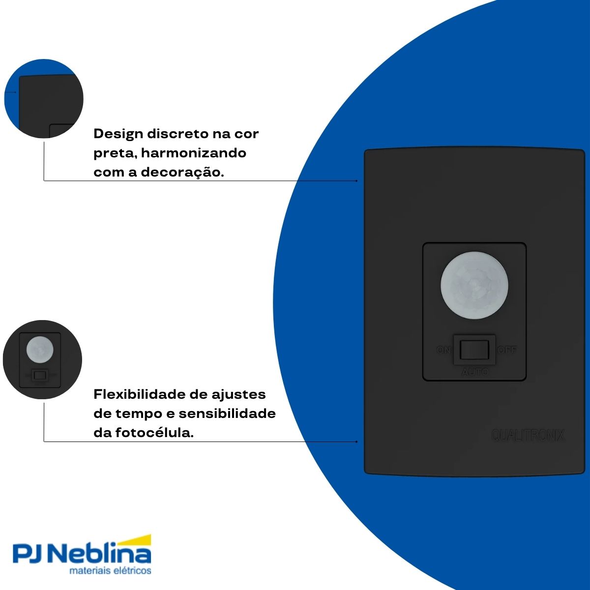 Sensor Presença C/Fotocélula Embutir Parede Bivolt Preto Placa 4X2 - Qualitronix