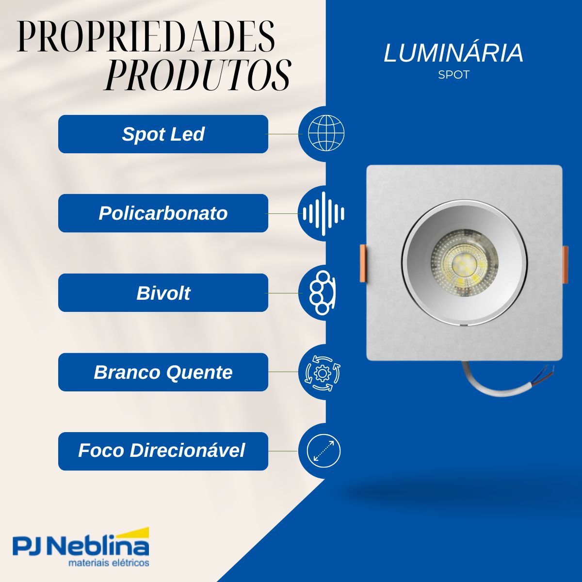 Luminária Spot Led Embutir Quadrado Branco 7W Bivolt 3000K Branco Quente 560Lm Foco Direcionável - Bronzearte