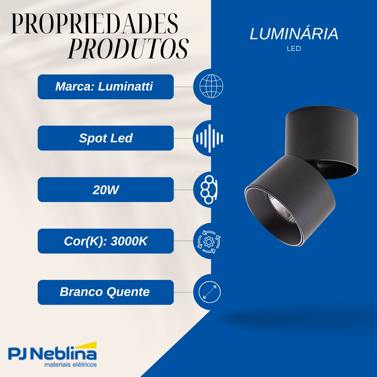 Luminaria Spot Led Sobrepor Slipt Pt 20w Bivolt 3000k Branco