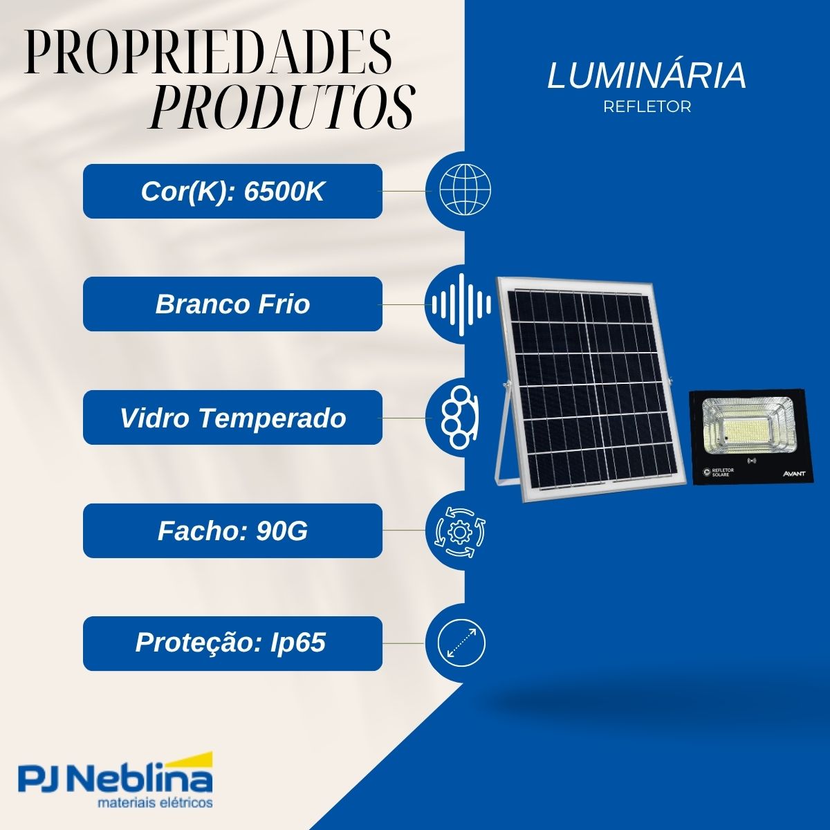 Luminária Refletor Solar Led Preto 200W Bivolt 6500K Branco Frio 1850Lm Difusor Vidro Temperado 90G C/Painel/Sensor Presença Ip65 - Avant