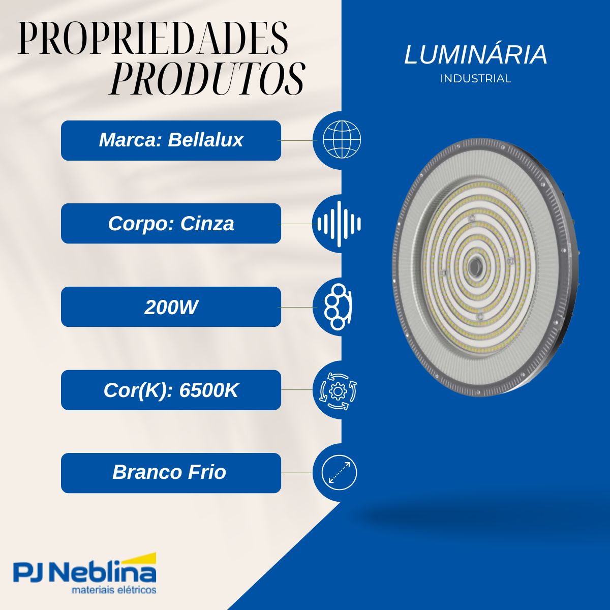 Luminária Industrial Highbay Led Pendente Cz 200W Bivolt 6500K Branco Frio 24000Lm 100G - Bellalux