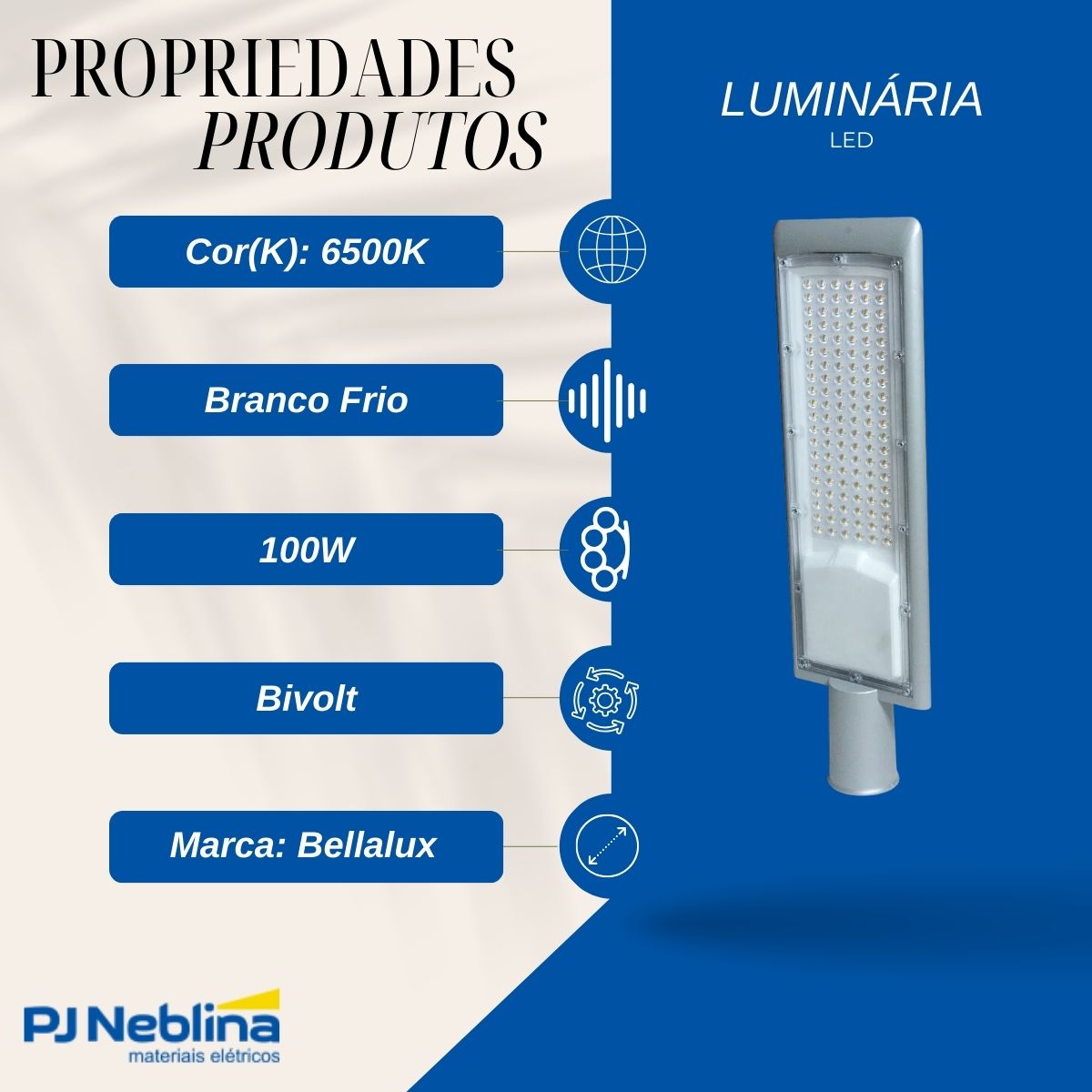 Luminária Publica Led Cinza 100W Bivolt 6500K Branco Frio 11000Lm - Bellalux