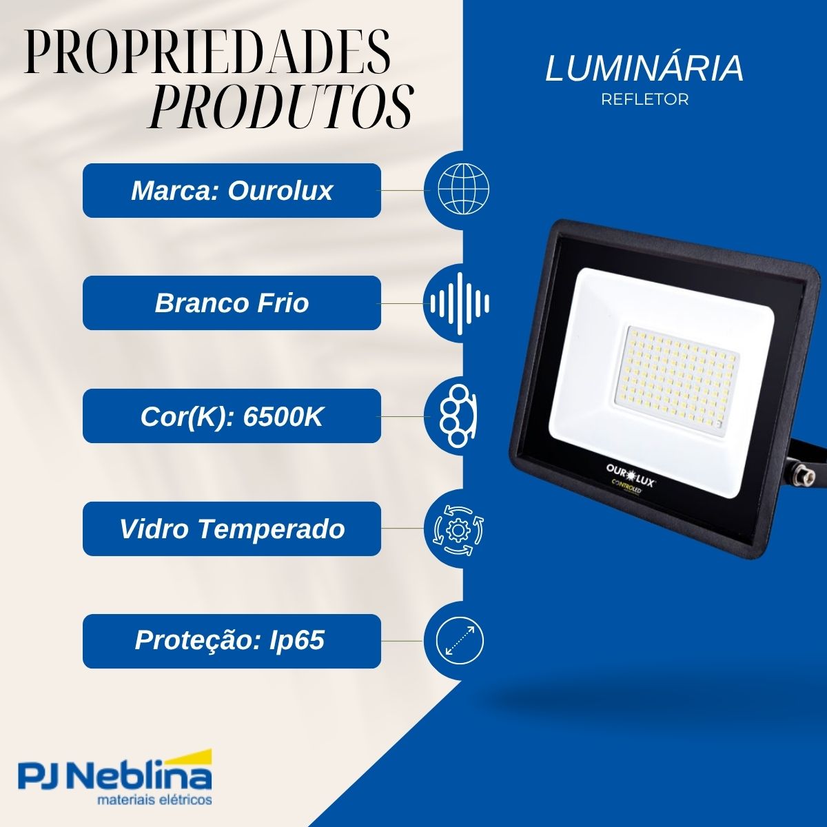 Luminária Refletor Led Retangular Sobrepor Preto 50W Bivolt 6500K Branco Frio 3375Lm Difusor Vidro Temperado 110G C/Sensor Presença/Luminosidade Ip65 - Ourolux