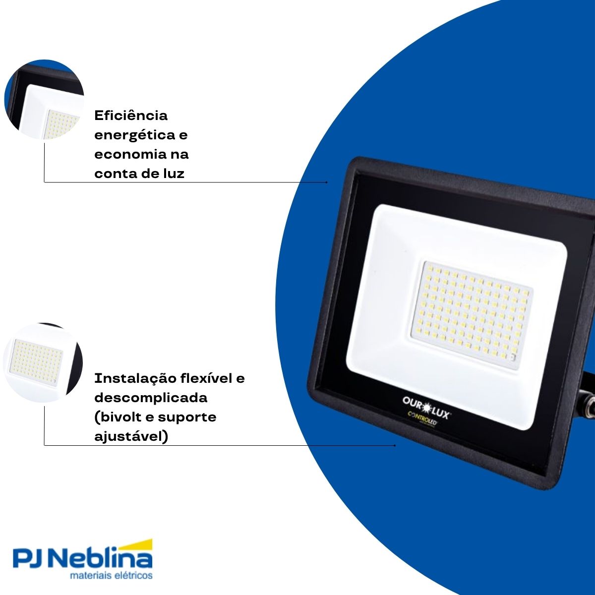 Luminária Refletor Led Retangular Sobrepor Preto 50W Bivolt 6500K Branco Frio 3375Lm Difusor Vidro Temperado 110G C/Sensor Presença/Luminosidade Ip65 - Ourolux