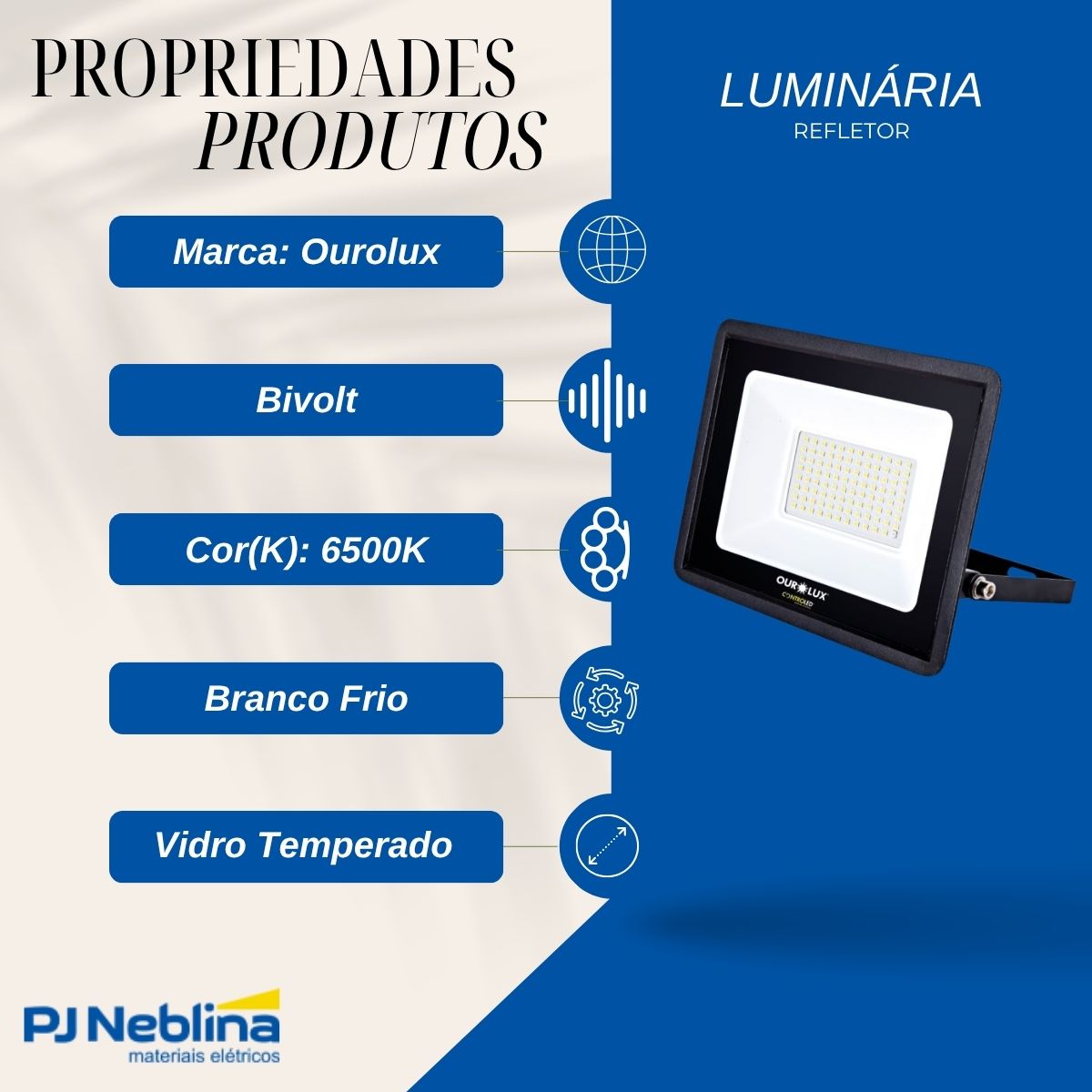 Luminária Refletor Led Retangular Sobrepor Preto 100W Bivolt 6500K Branco Frio 6750Lm Dif Vidro Temp 110G C/Sensor Presença/Luminosidade Ip65 - Ourolux