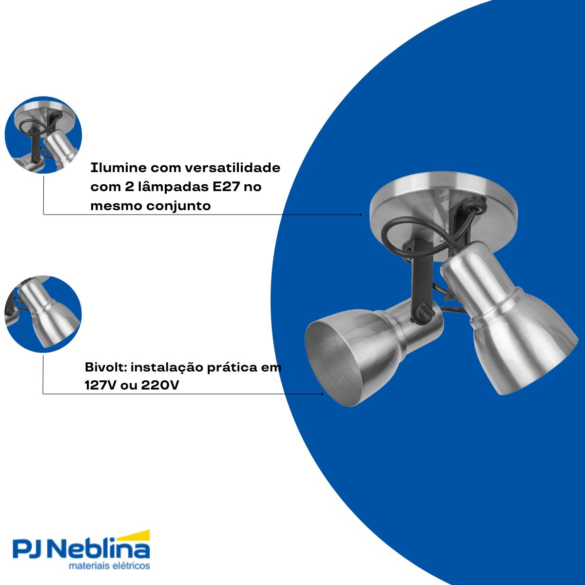 Luminária Spot Trilho Spot Light Lixado 2Xe27 Bivolt Foco Direcionável - Kin Light