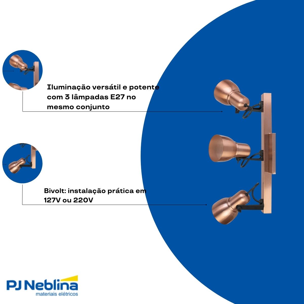 Luminária Spot Trilho Spot Light Cobre 3Xe27 Bivolt Foco Direcionável - Kin Light