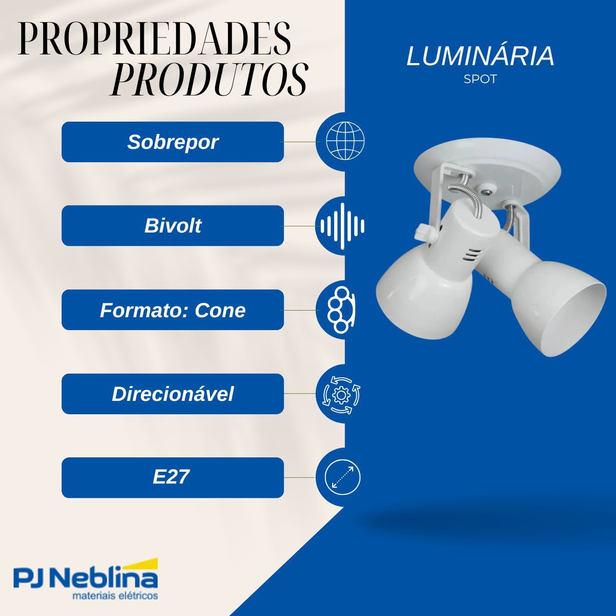 Luminária Spot Sobrepor Cone Branco 2Xe27 Bivolt Foco Direcionável - Kin Light