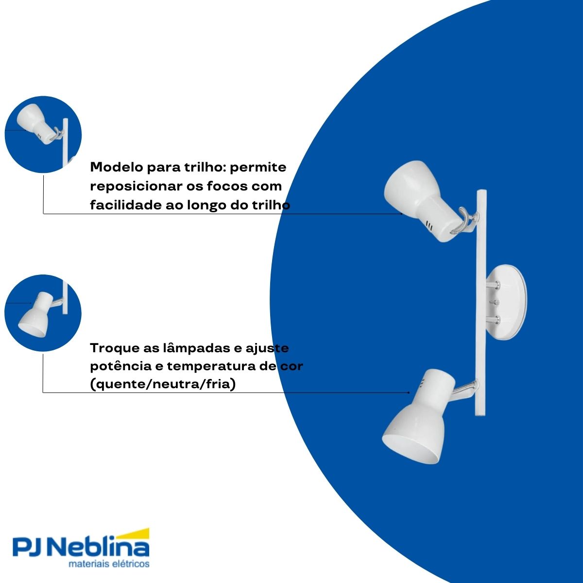 Luminária Spot Sobrepor Trilho Branco 2Xe27 Bivolt Foco Direcionável - Kin Light