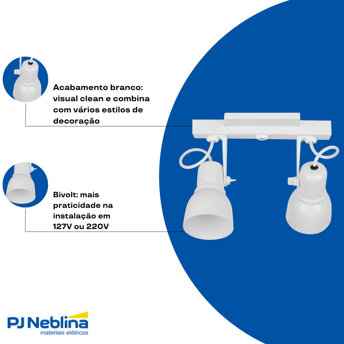 Luminária Spot Trilho Spot Light Branco 2Xe27 Bivolt Foco Direcionável - Kin Light