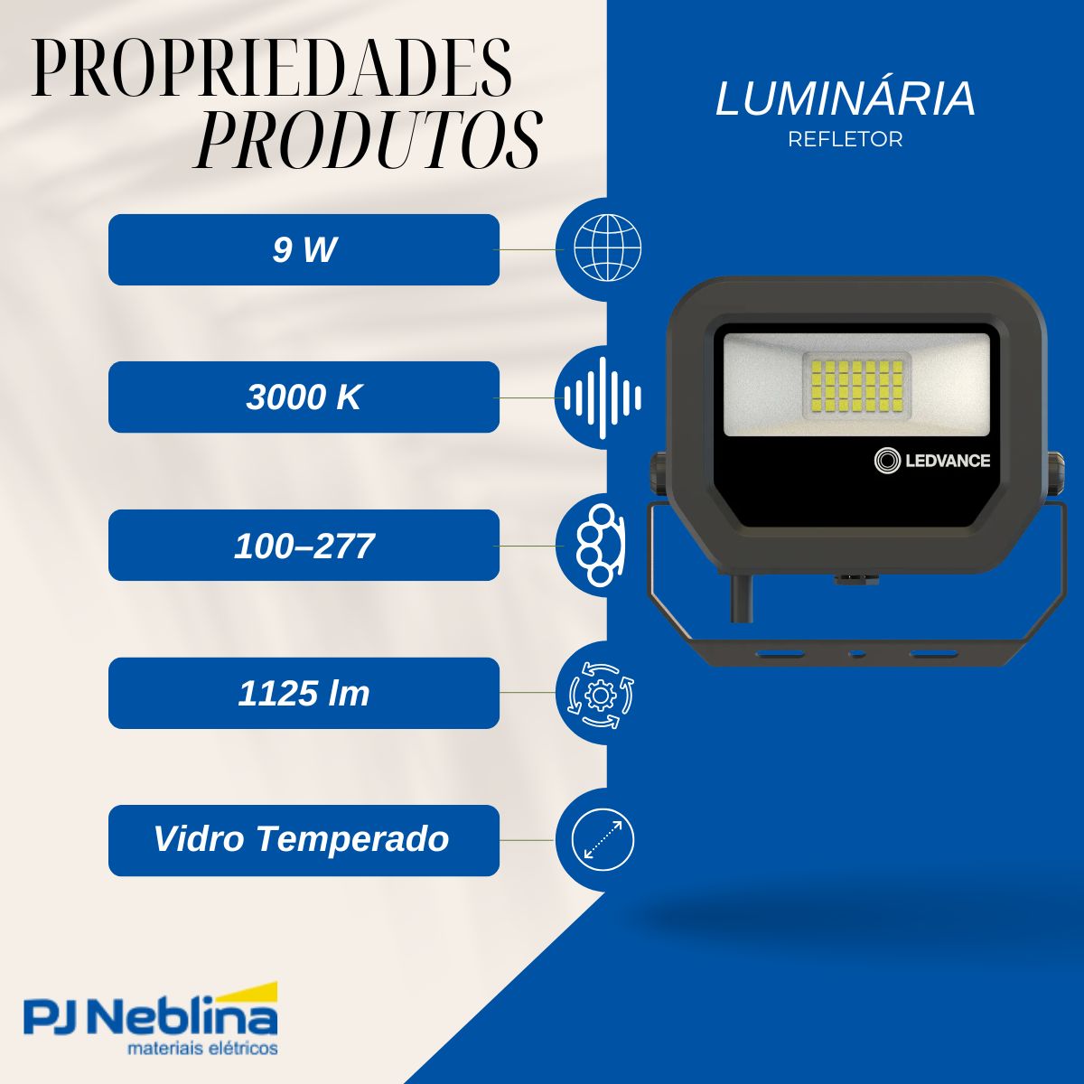 Luminária Refletor Led Retangular Sobrepor Preto 9W Bivolt 3000K Branco Quente 1125Lm Difusor Vidro Temperatura C/Protetor Surto 2Kv - Ledvance