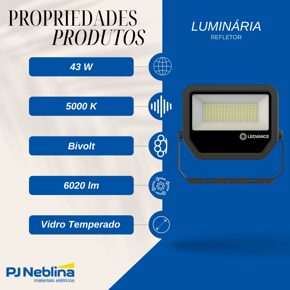 Luminária Refletor Led Retangular Sobrepor Preto 43W Bivolt 5000K Luz Do Dia 6020Lm Difusor Vidro Temperado C/Protetor Surto 2Kv - Ledvance
