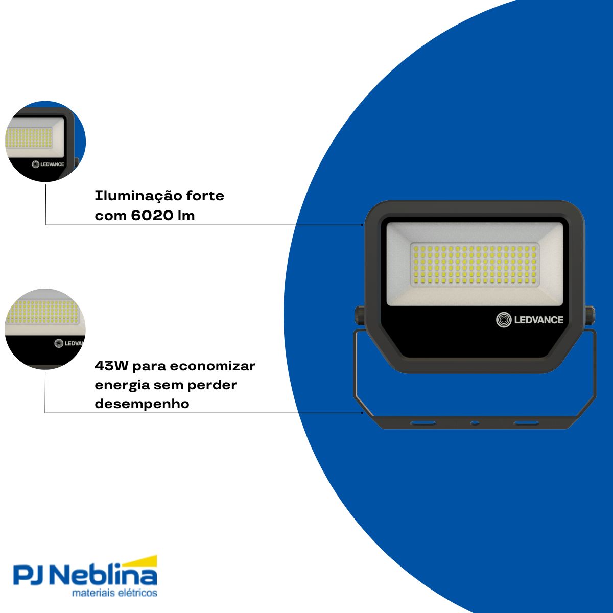 Luminária Refletor Led Retangular Sobrepor Preto 43W Bivolt 5000K Luz Do Dia 6020Lm Difusor Vidro Temperado C/Protetor Surto 2Kv - Ledvance