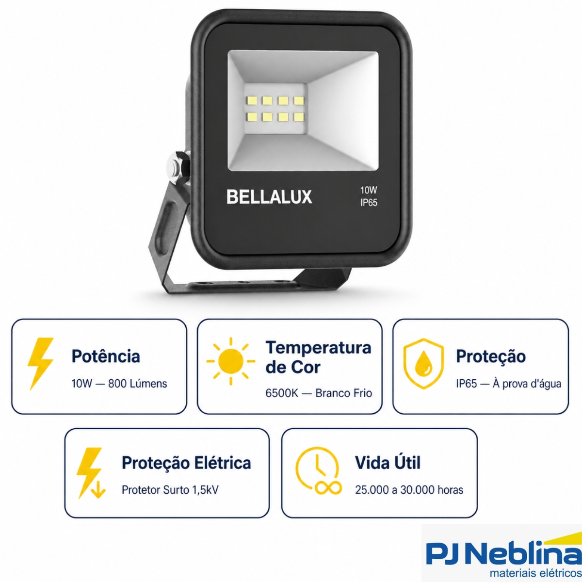 Luminária Refletor Led Retangular Sobrepor Pt 10W Bivolt 6500K Branco Frio 800Lm Com Protetor Surto 1,5Kv - Bellalux