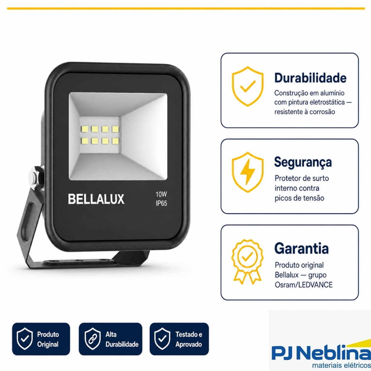 Luminária Refletor Led Retangular Sobrepor Pt 10W Bivolt 6500K Branco Frio 800Lm Com Protetor Surto 1,5Kv - Bellalux
