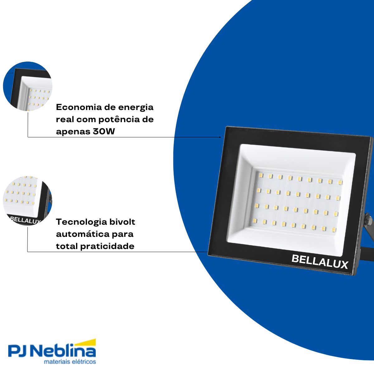 Luminária Refletor Led Retangular Sobrepor Preto 30W Bivolt 6500K Branco Frio 2400Lm Difusor Vidro Temperado C/Protetor Surto 2Kv - Bellalux
