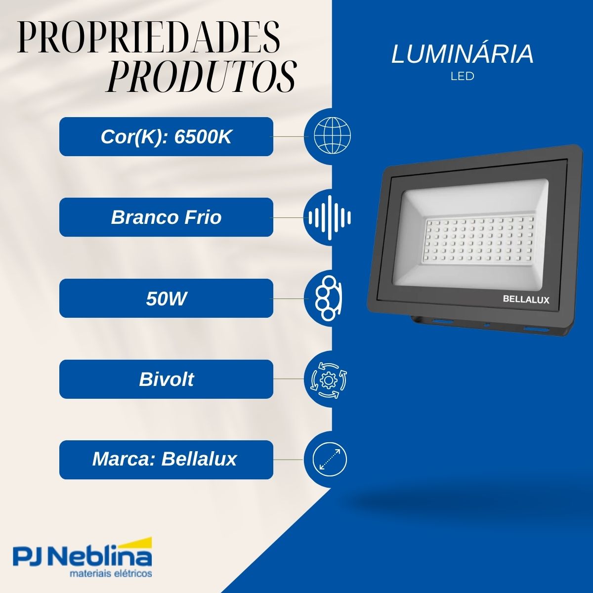 Luminária Refletor Led Retangular Sobrepor Preto 50W Bivolt 6500K Branco Frio 4000Lm Difusor Vidro Temperatura C/Protetor Surto 2Kv - Bellalux