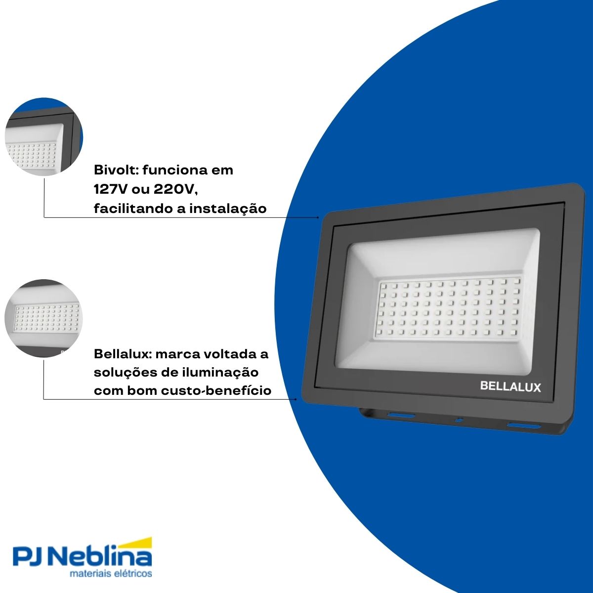 Luminária Refletor Led Retangular Sobrepor Preto 50W Bivolt 6500K Branco Frio 4000Lm Difusor Vidro Temperatura C/Protetor Surto 2Kv - Bellalux