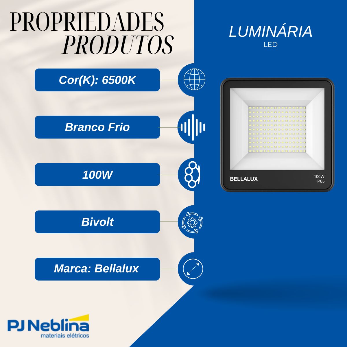 Luminária Refletor Led Retangular Sobrepor Preto 100W Bivolt 6500K Branco Frio 8000Lm Difusor Vidro Temperado C/Protetor Surto 2Kv - Bellalux