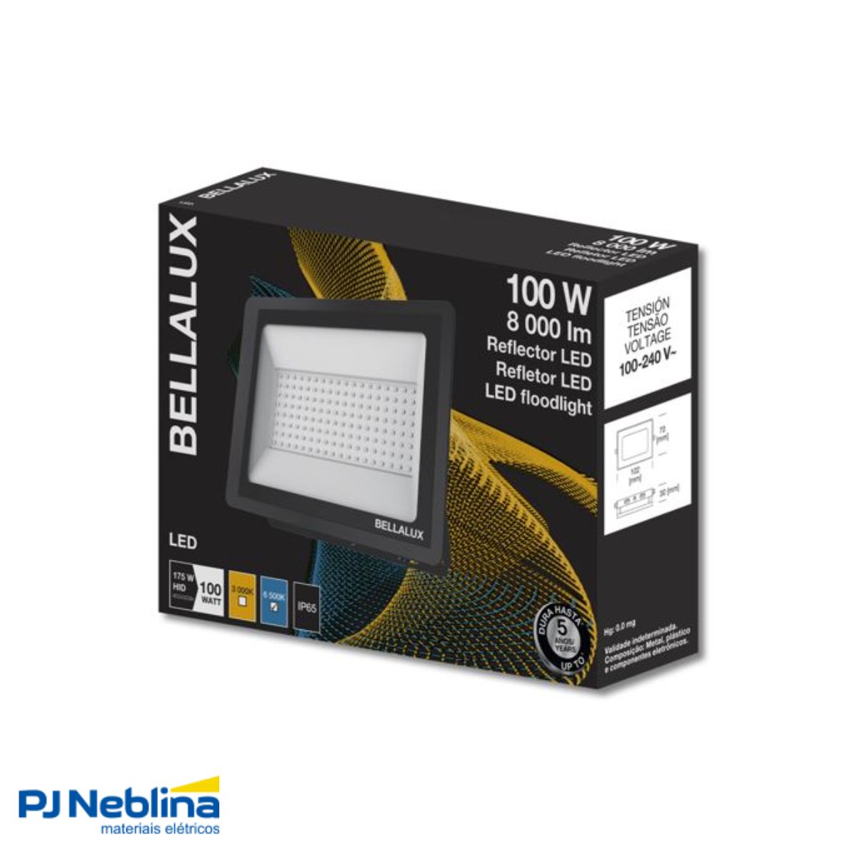 Luminária Refletor Led Retangular Sobrepor Preto 100W Bivolt 6500K Branco Frio 8000Lm Difusor Vidro Temperado C/Protetor Surto 2Kv - Bellalux