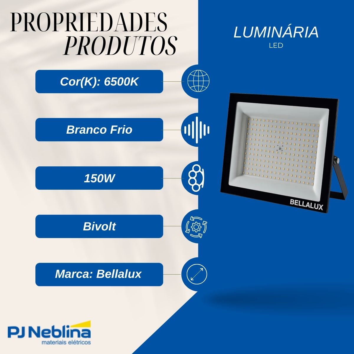 Luminária Refletor Led Retangular Sobrepor Preto 150W Bivolt 6500K Branco Frio 12000Lm Difusor Vidro Temperado C/Protetor Surto 2Kv - Bellalux