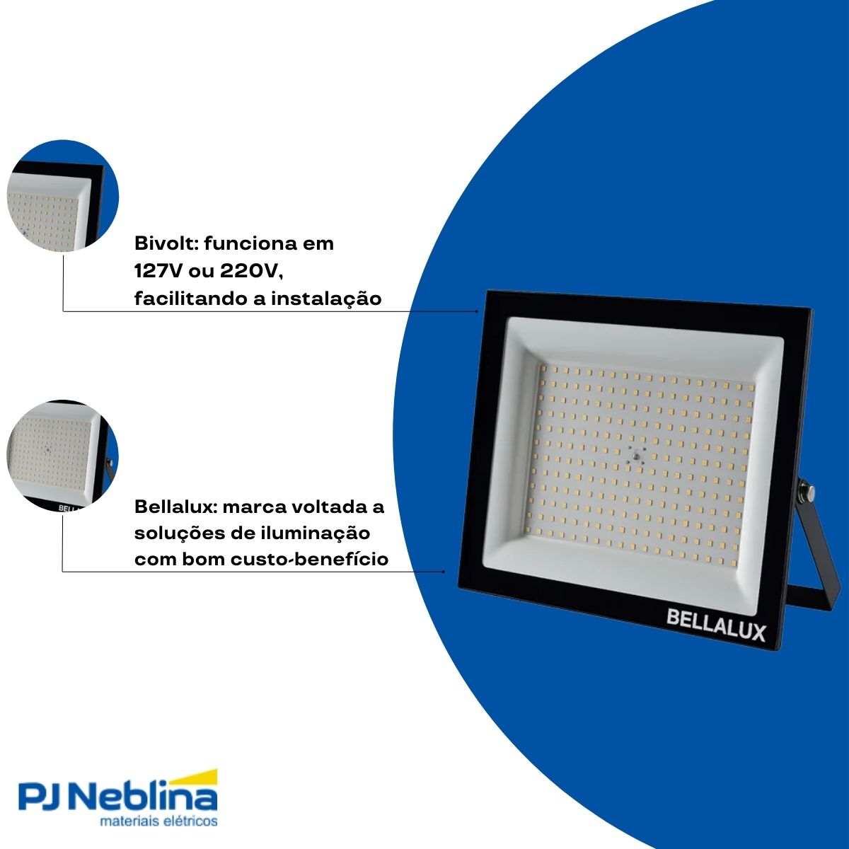 Luminária Refletor Led Retangular Sobrepor Preto 150W Bivolt 6500K Branco Frio 12000Lm Difusor Vidro Temperado C/Protetor Surto 2Kv - Bellalux