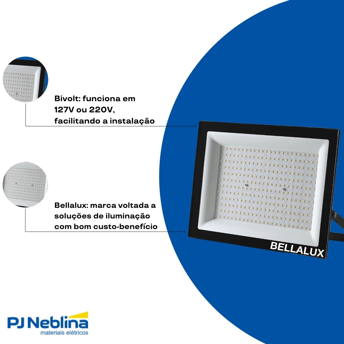Luminária Refletor Led Retangular Sobrepor Preto 200W Bivolt 6500K Branco Frio 16000Lm Difusor Vidro Temperado C/Protetor Surto 2Kv - Bellalux