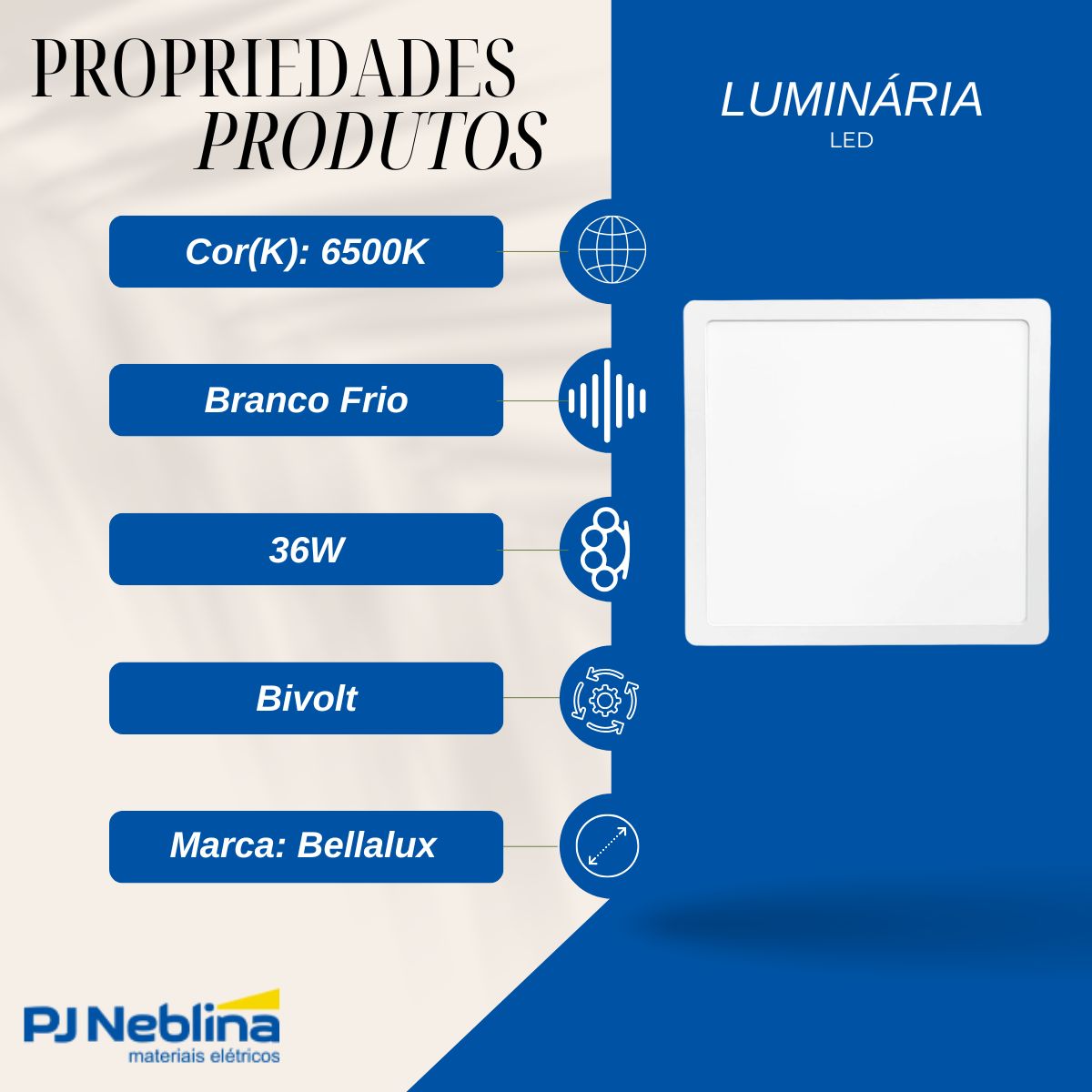 Luminária Painel Led Embutir Quadrado Branco 36W Bivolt 6500K Branco Frio 2880Lm Difusor Poliestireno - Bellalux