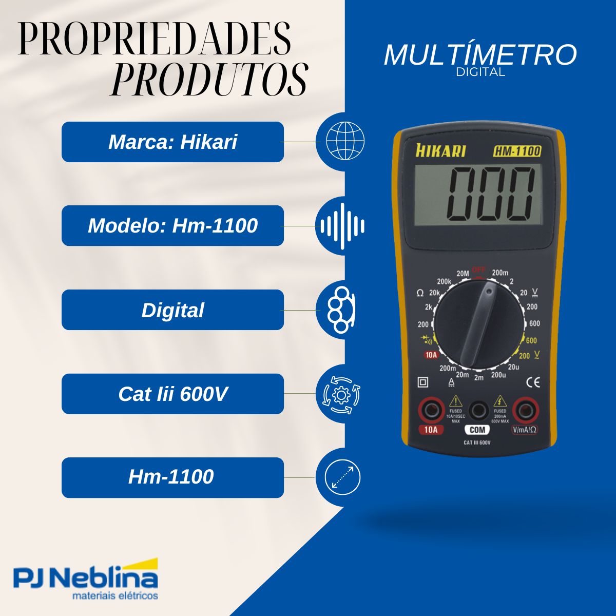 Multímetro Digital Hm-1100 Cat Iii 600V - Hikari