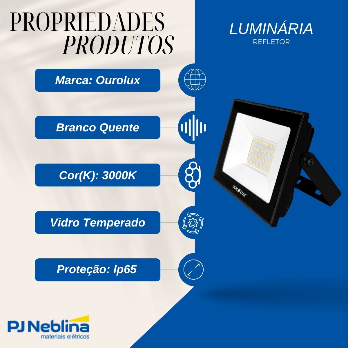 Luminária Refletor Led Retangular Sobrepor Preto 30W Bivolt 3000K Branco Quente 2400Lm Dif Vidro Temperado 110G Ip65 - Ourolux