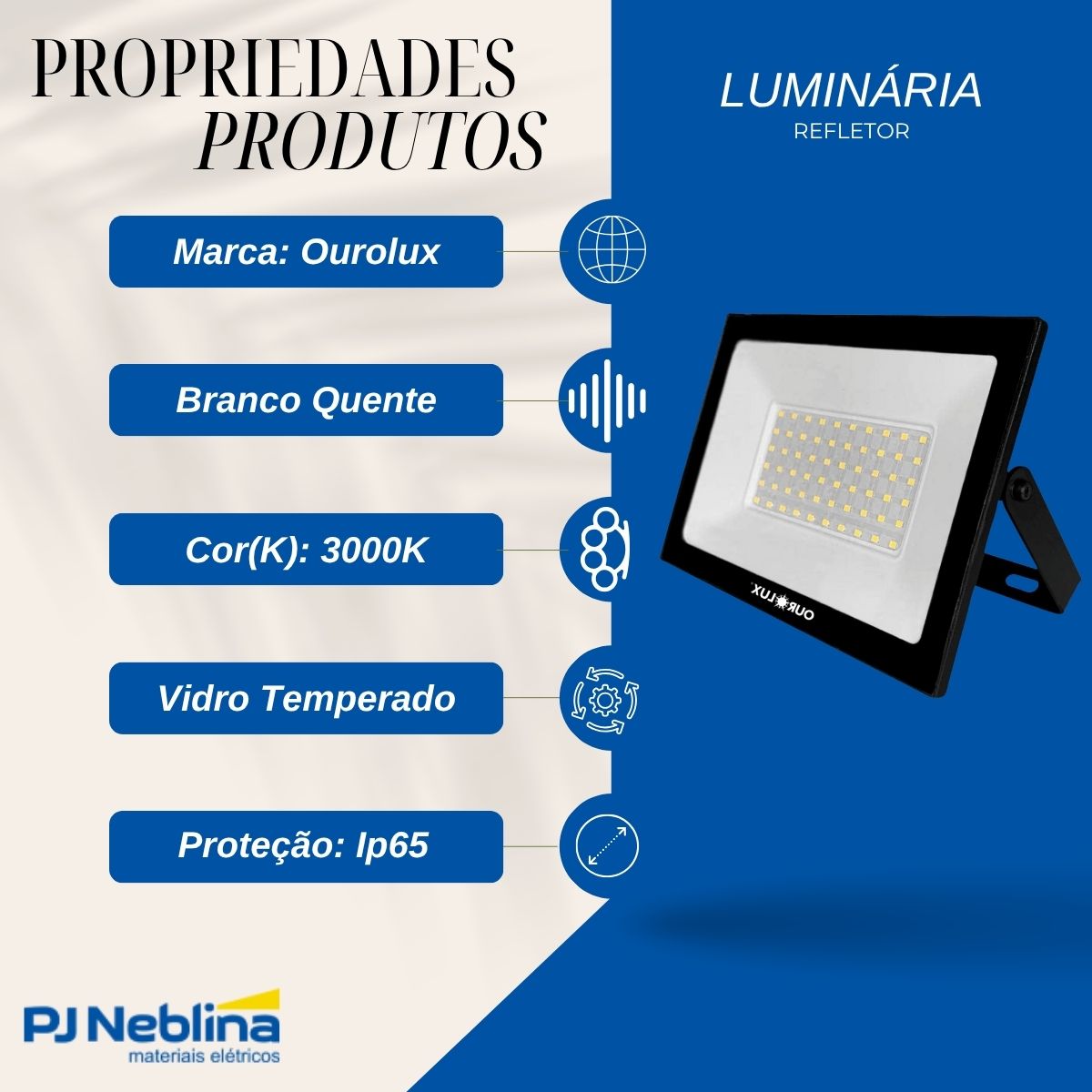 Luminária Refletor Led Retangular Sobrepor Preto 50W Bivolt 3000K Branco Quente 3000Lm Difusor Vidro Temperado 110G Ip65 - Ourolux