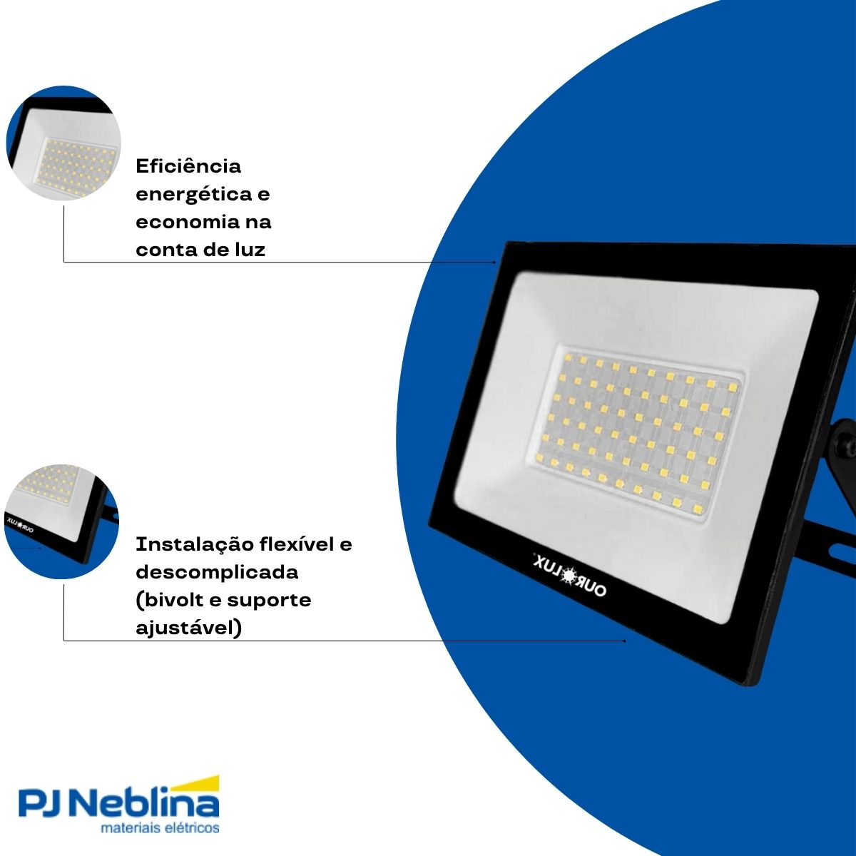 Luminária Refletor Led Retangular Sobrepor Preto 50W Bivolt 3000K Branco Quente 3000Lm Difusor Vidro Temperado 110G Ip65 - Ourolux
