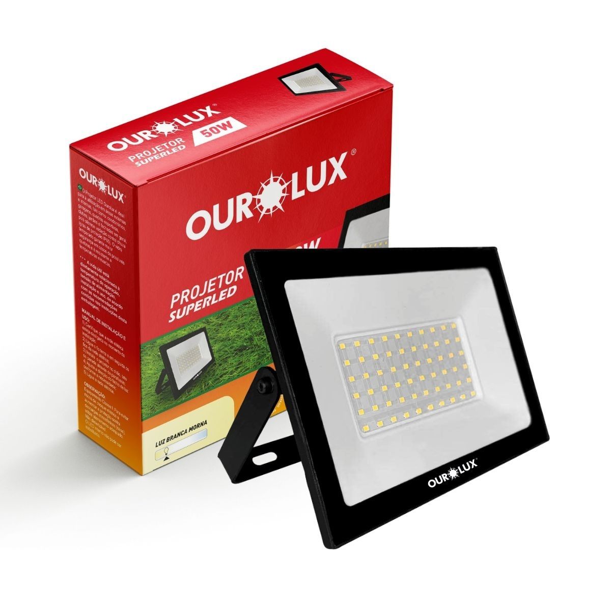 Luminária Refletor Led Retangular Sobrepor Preto 50W Bivolt 3000K Branco Quente 3000Lm Difusor Vidro Temperado 110G Ip65 - Ourolux