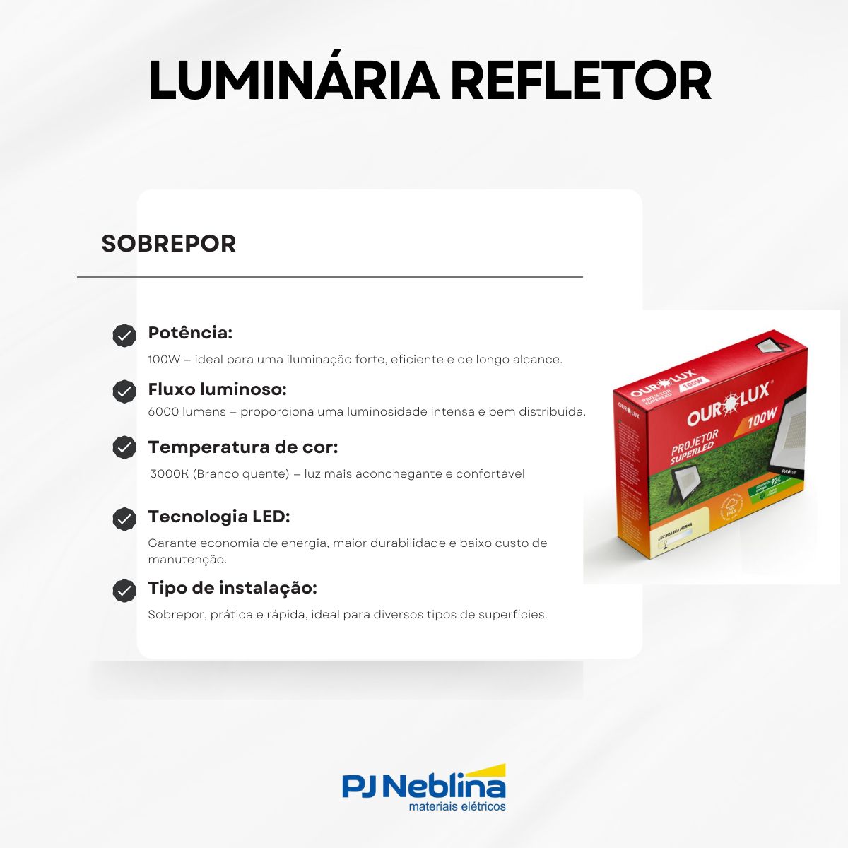 Luminária Refletor Led Sobrepor 100W Bivolt 3000K Branco Quente 6000Lm - Ourolux