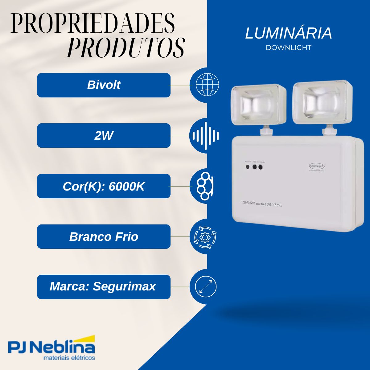 Luminária Emergência Led 2 Faróis Sobrepor 2W Bivolt 6000K Branco Frio 1200Lm 2H Ip20 - Segurimax
