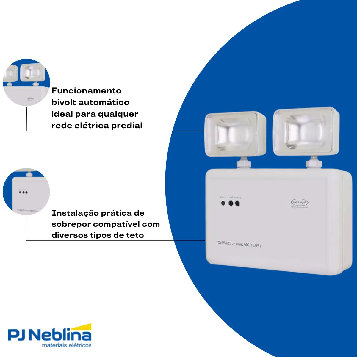 Luminária Emergência Led 2 Faróis Sobrepor 2W Bivolt 6000K Branco Frio 1200Lm 2H Ip20 - Segurimax