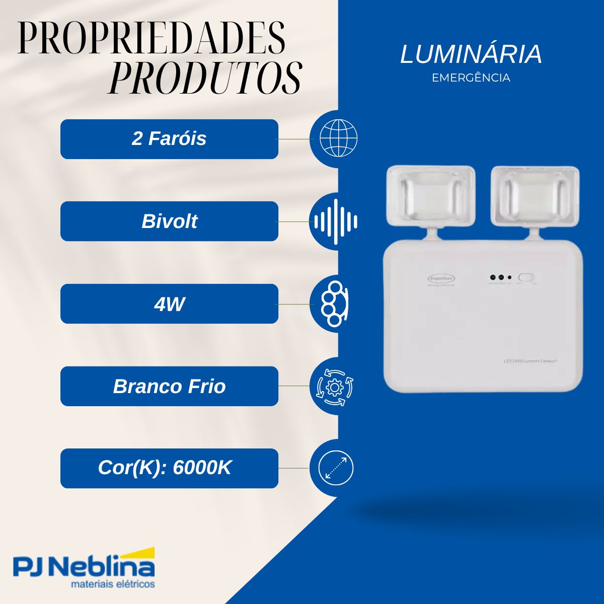 Luminária Emergência Led 2 Faróis Sobrepor 4W Bivolt 6000K Branco Frio 3000Lm 2H Ip20 - Segurimax