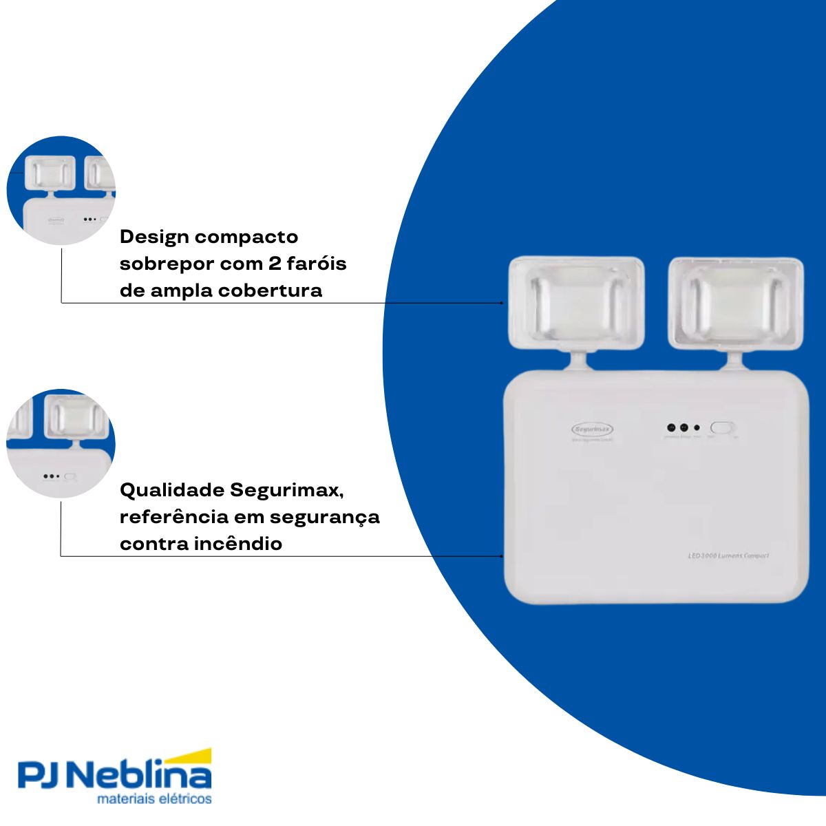 Luminária Emergência Led 2 Faróis Sobrepor 4W Bivolt 6000K Branco Frio 3000Lm 2H Ip20 - Segurimax