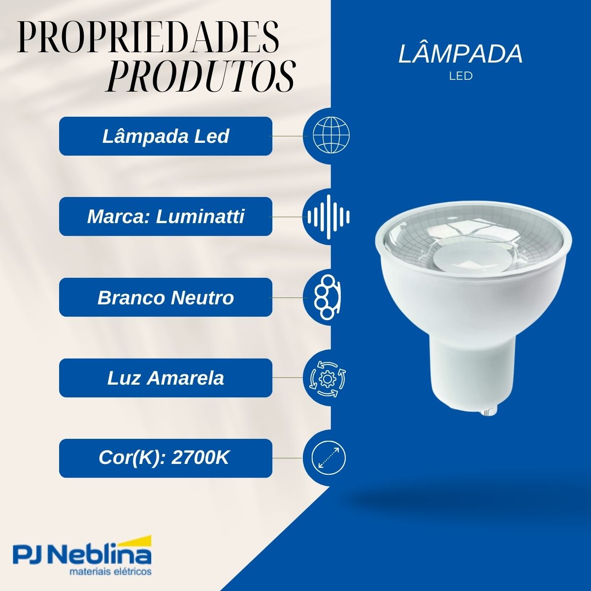 Lâmpada Led Dicroica 8W 220V Gu10 2700K Branco Neutro Luz Amarela 525Lm 38G Dimerizavel - Luminatti
