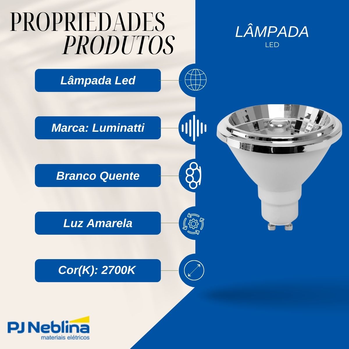 Lâmpada Led Ar70 4,8W Bivolt Gu10 2700K Branco Quente Luz Amarela 300Lm 12G Dimerizavel - Luminatti