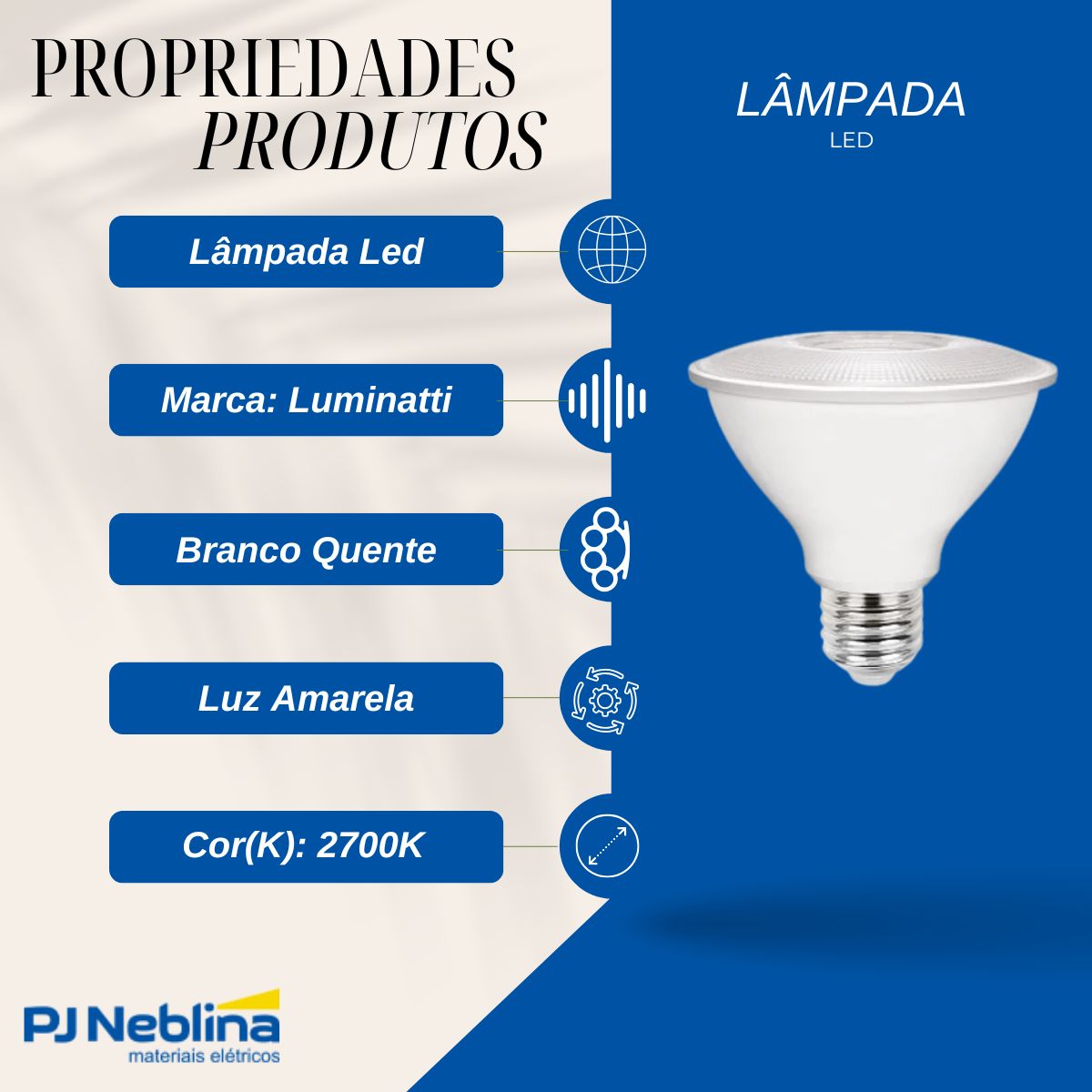 Lâmpada Led Dicroica Par30 9,8W Bivolt E27 2700K Branco Quente Luz Amarela 700Lm 36G Dimerizavel - Luminatti