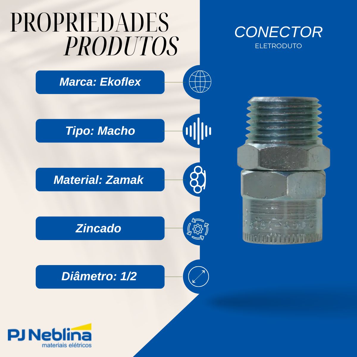 Conector Eletroduto Macho Zamak Zincado 1/2 Bsp Reto Giratório - Ekoflex