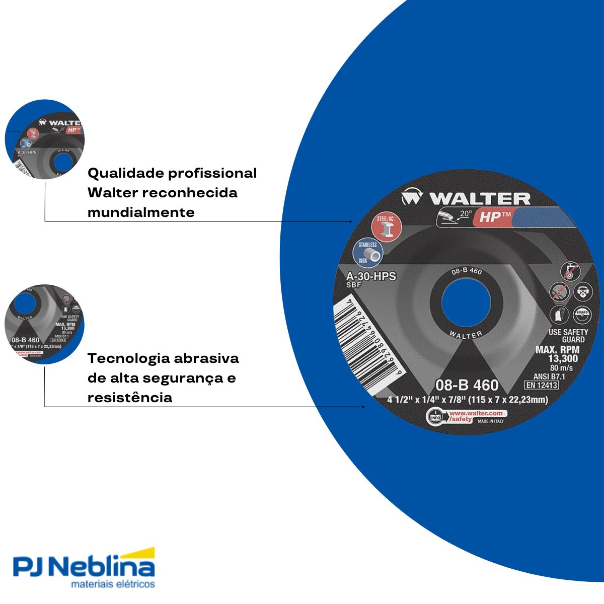 Disco Desbaste Hp 4.1/2 115Mm 7/8 G24 13300Rpm Metal/Aço Inox - Walter
