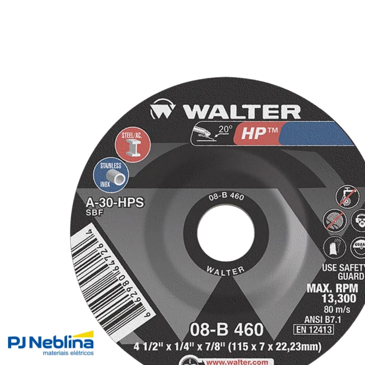 Disco Desbaste Hp 4.1/2 115Mm 7/8 G24 13300Rpm Metal/Aço Inox - Walter