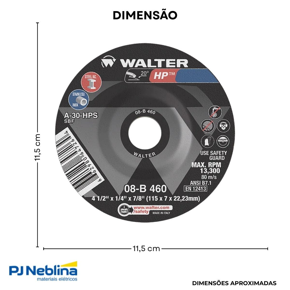 Disco Desbaste Hp 4.1/2 115Mm 7/8 G24 13300Rpm Metal/Aço Inox - Walter