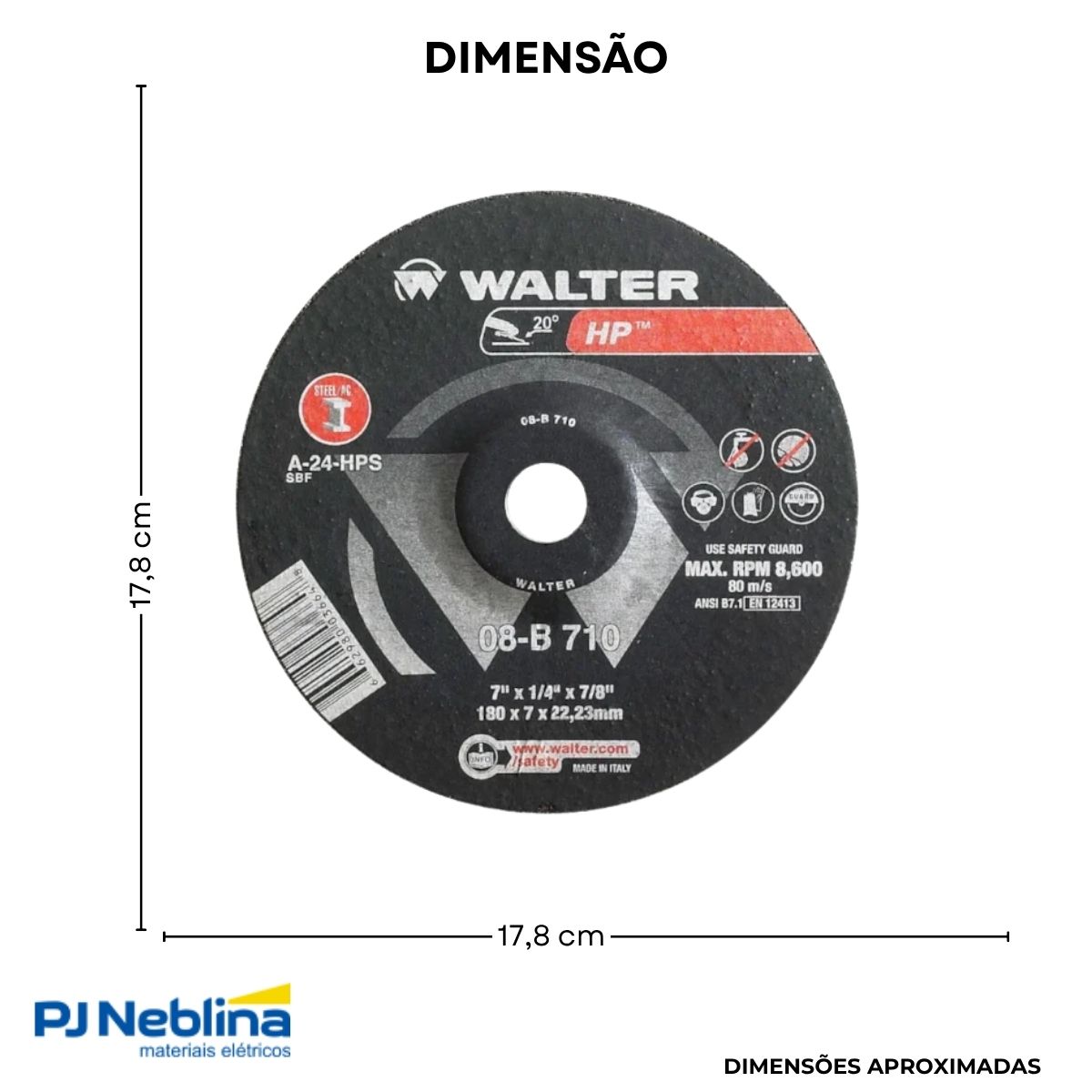 Disco Desbaste Hp 7Pol 178Mm 7/8 G24 8600Rpm Metal/Aço Inox - Walter