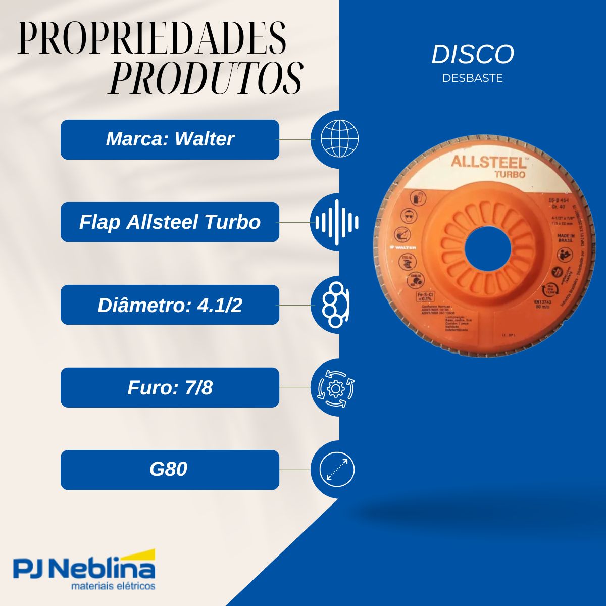 Disco Desbaste Flap Allsteel Turbo 4.1/2 7/8 G80 13300Rpm Metal/Aço Inox - Walter