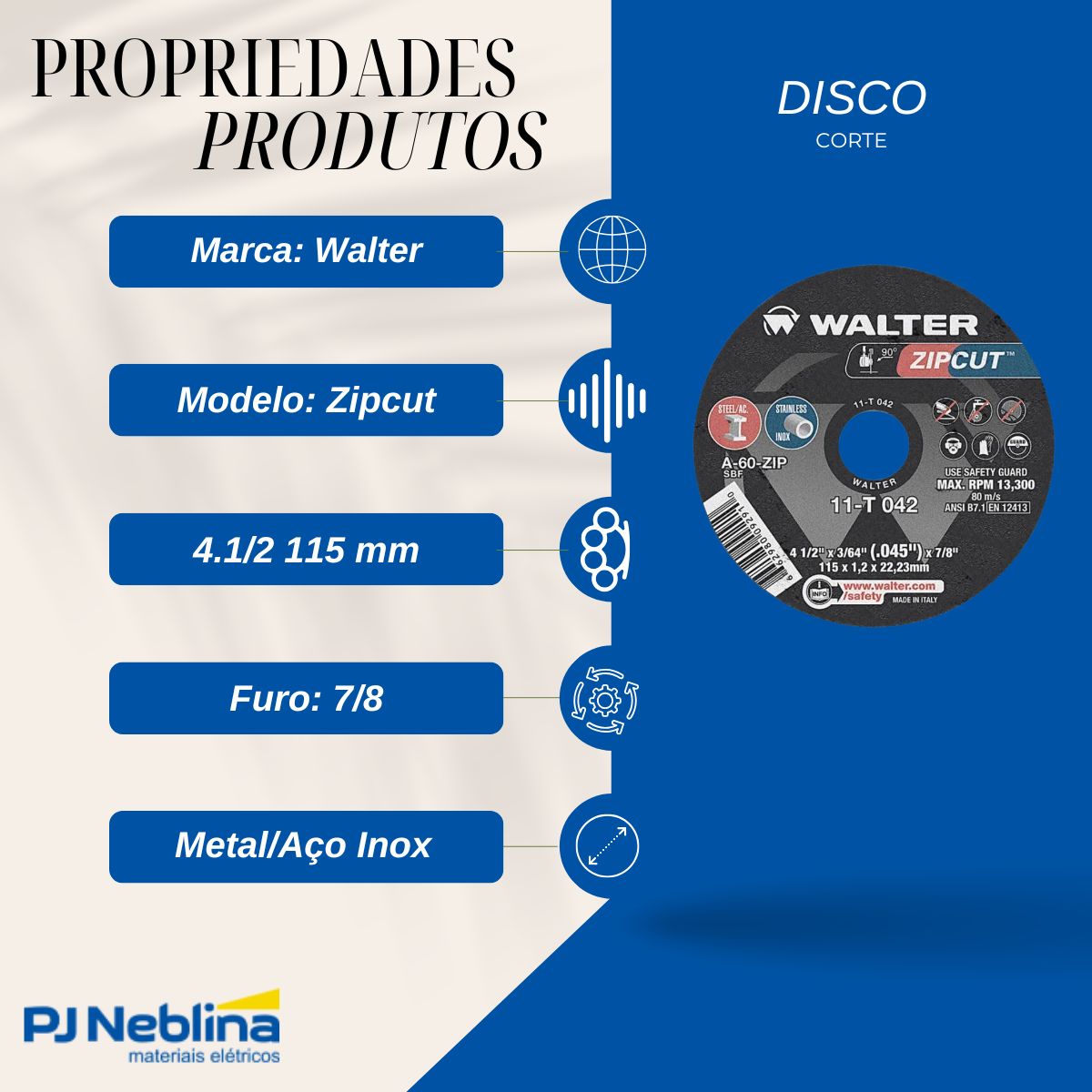 Disco Corte Zipcut 41/2X7/8 3/64 1 mm - Walter